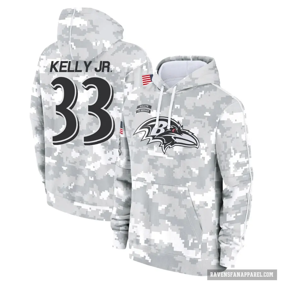 Youth ＃33 John Kelly Jr. Baltimore Ravens Arctic Camo 2024 Salute to Service Club Fleece Pullover Hoodie