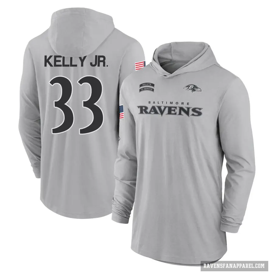 Youth ＃33 John Kelly Jr. Baltimore Ravens Gray 2024 Salute to Service Lightweight Performance Long Sleeve Hooded T-Shirt