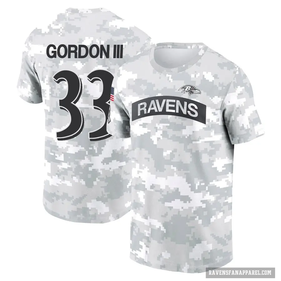 Youth ＃33 Melvin Gordon III Baltimore Ravens Camo Arctic 2024 Salute to Service Performance T-Shirt