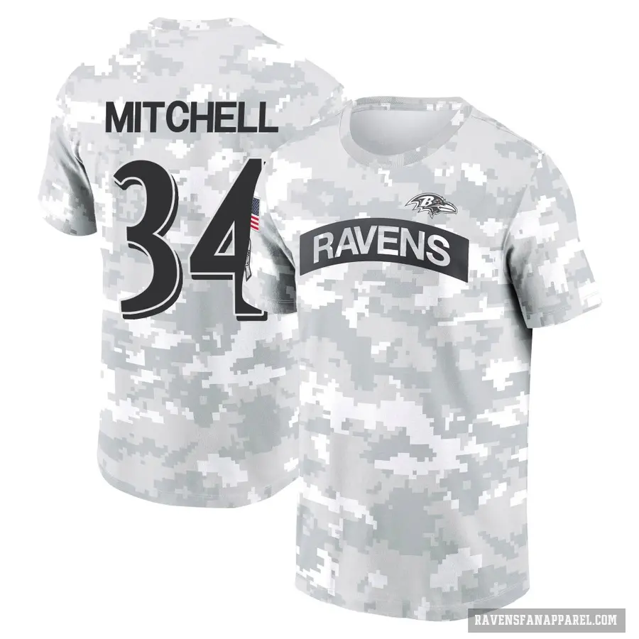 Youth ＃34 Keaton Mitchell Baltimore Ravens Camo Arctic 2024 Salute to Service Performance T-Shirt