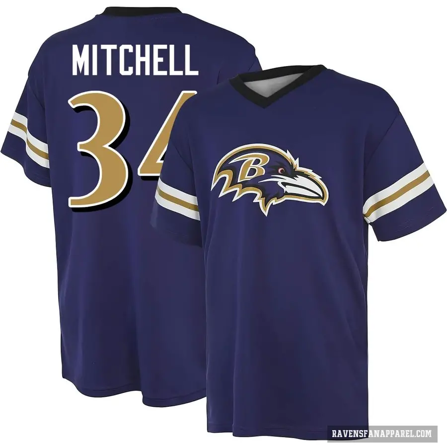 Youth ＃34 Keaton Mitchell Baltimore Ravens Purple Game Day V-Neck T-Shirt