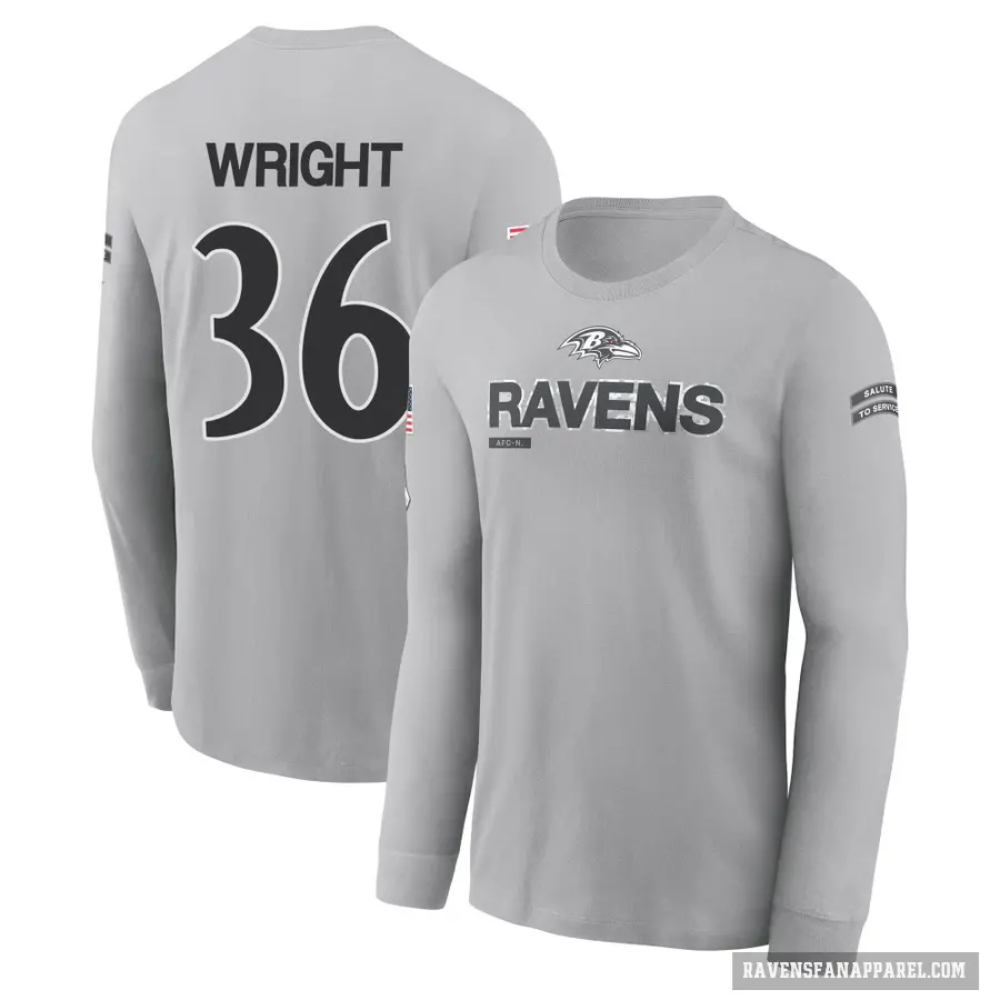 Youth ＃36 Owen Wright Baltimore Ravens Gray 2024 Salute to Service Long Sleeve T-Shirt