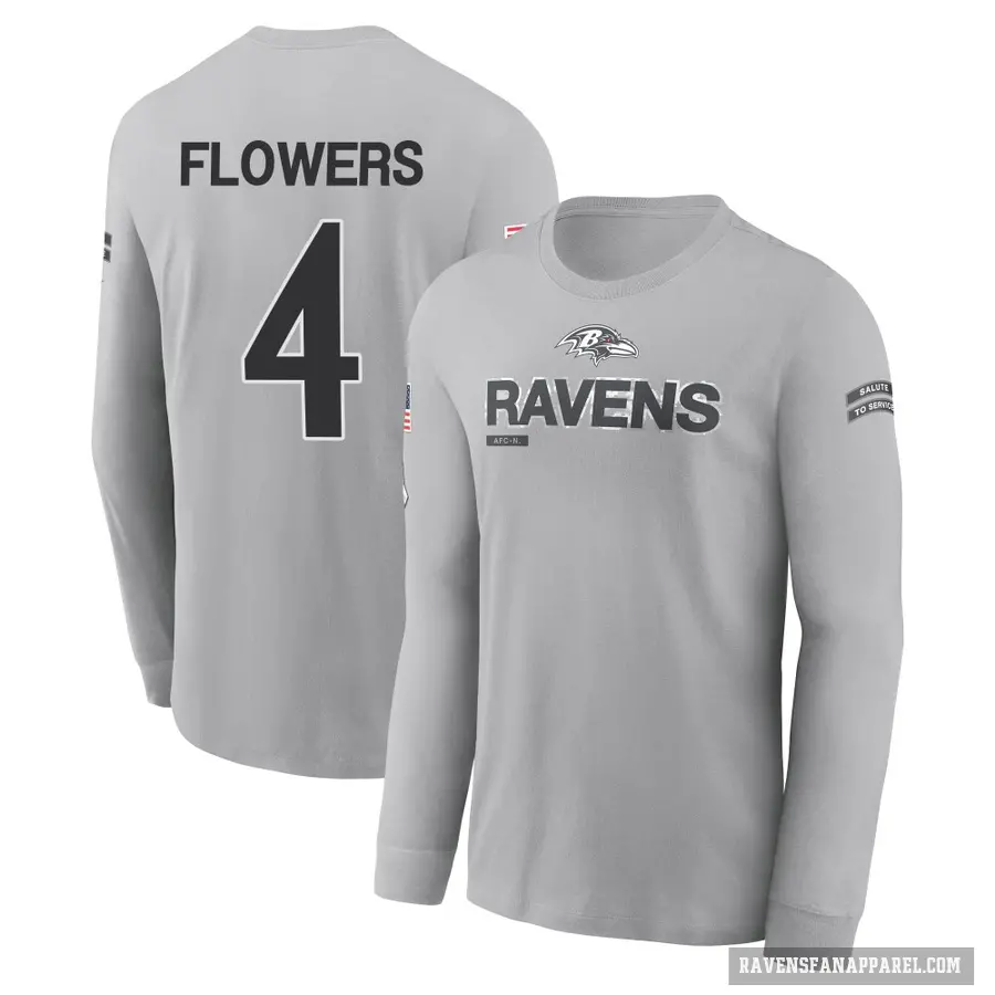 Youth ＃4 Zay Flowers Baltimore Ravens Gray 2024 Salute to Service Long Sleeve T-Shirt