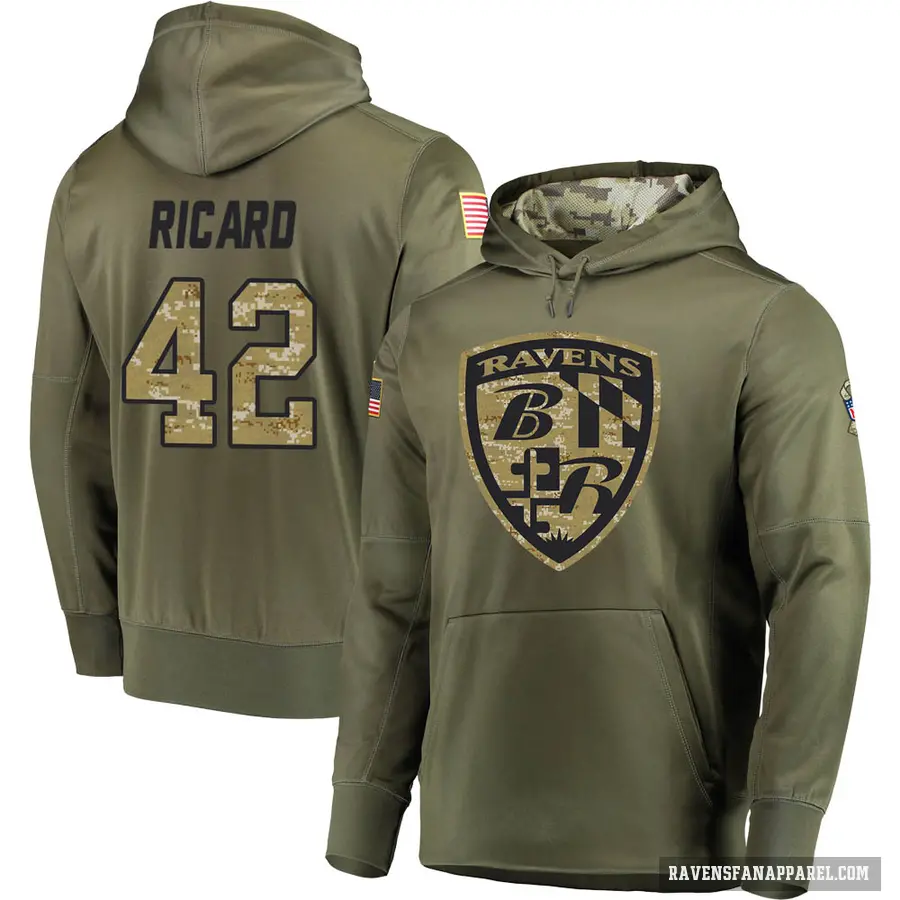 Youth ＃42 Patrick Ricard Baltimore Ravens Olive Salute to Service Pullover Hoodie