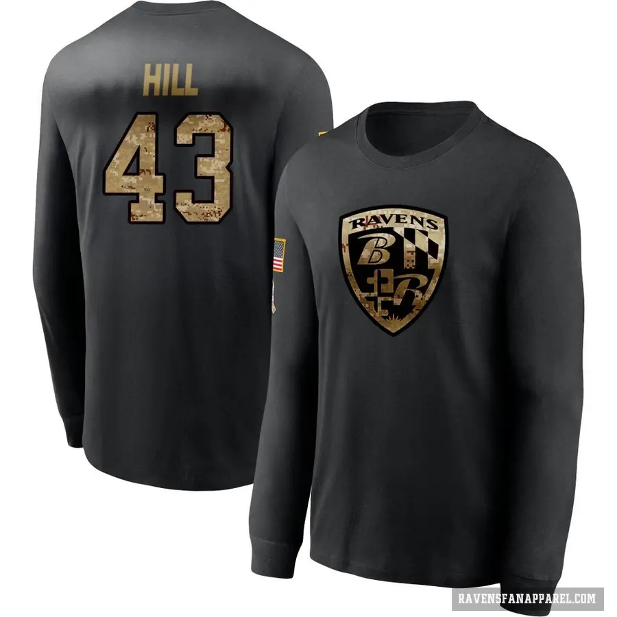 Youth ＃43 Justice Hill Baltimore Ravens Black 2020 Salute To Service Sideline Performance Long Sleeve T-Shirt