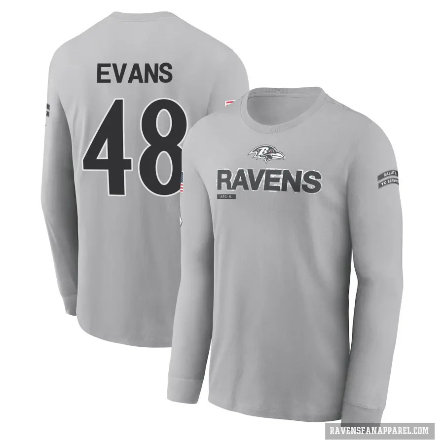 Youth ＃48 Joe Evans Baltimore Ravens Gray 2024 Salute to Service Long Sleeve T-Shirt