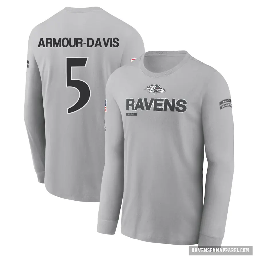 Youth ＃5 Jalyn Armour-Davis Baltimore Ravens Gray 2024 Salute to Service Long Sleeve T-Shirt