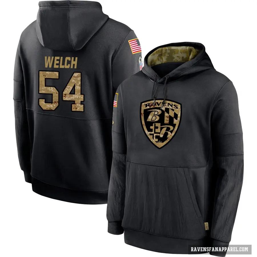 Youth ＃54 Kristian Welch Baltimore Ravens Black 2020 Salute to Service Sideline Performance Pullover Hoodie