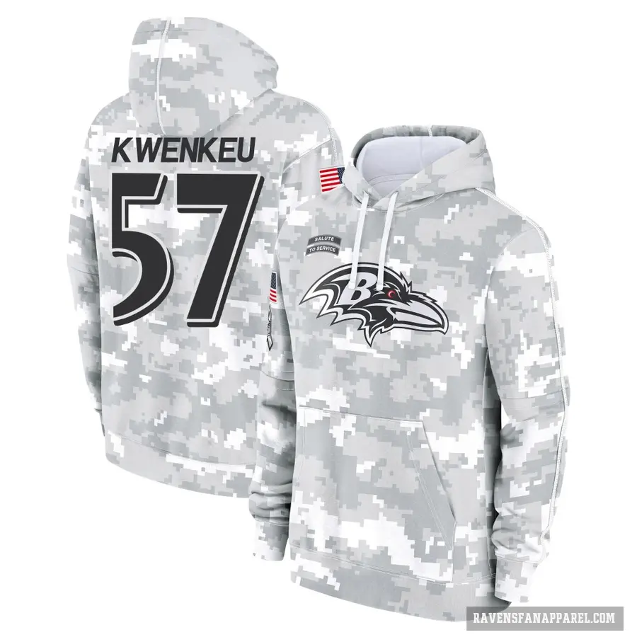 Youth ＃57 William Kwenkeu Baltimore Ravens Arctic Camo 2024 Salute to Service Club Fleece Pullover Hoodie