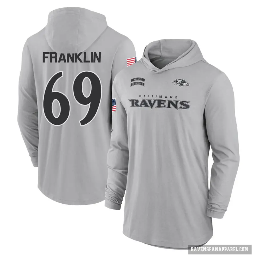 Youth ＃69 Ja'Mion Franklin Baltimore Ravens Gray 2024 Salute to Service Lightweight Performance Long Sleeve Hooded T-Shirt