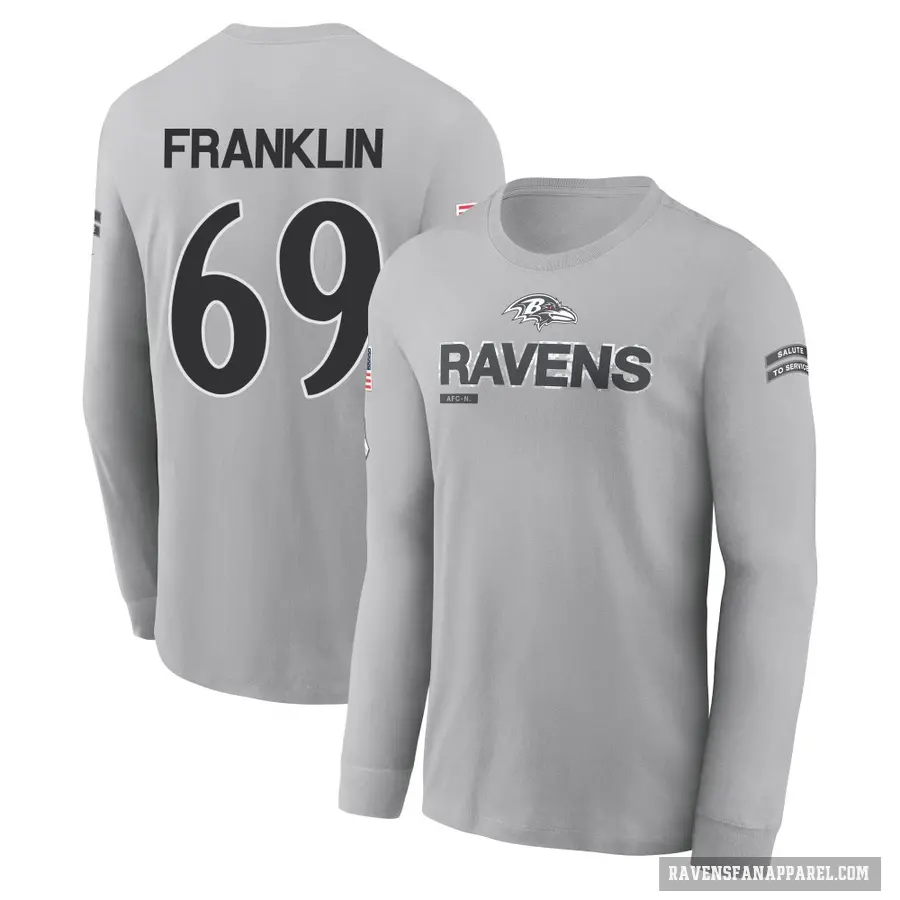 Youth ＃69 Ja'Mion Franklin Baltimore Ravens Gray 2024 Salute to Service Long Sleeve T-Shirt