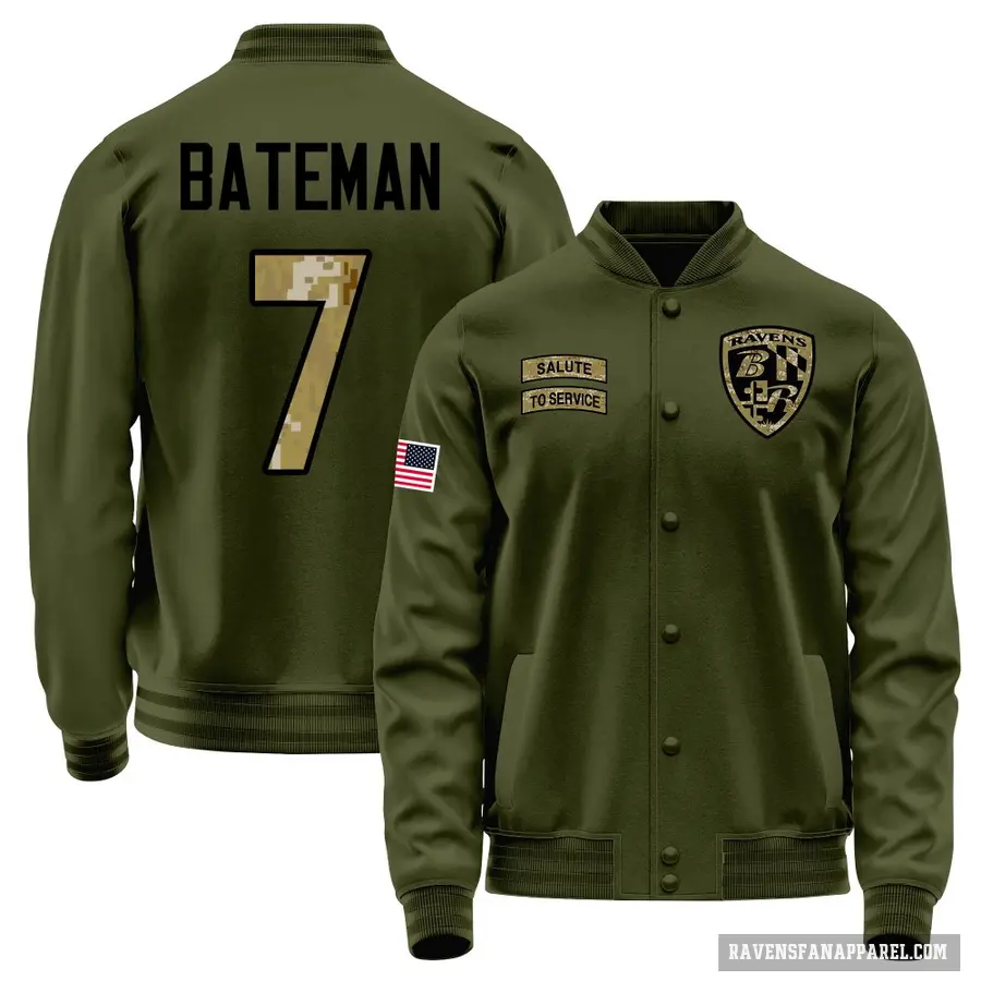 Youth ＃7 Rashod Bateman Baltimore Ravens Olive Salute to Service Sideline Performance Jacket