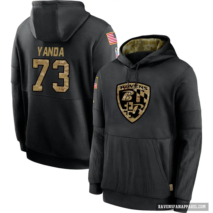 Youth ＃73 Marshal Yanda Baltimore Ravens Black 2020 Salute to Service Sideline Performance Pullover Hoodie