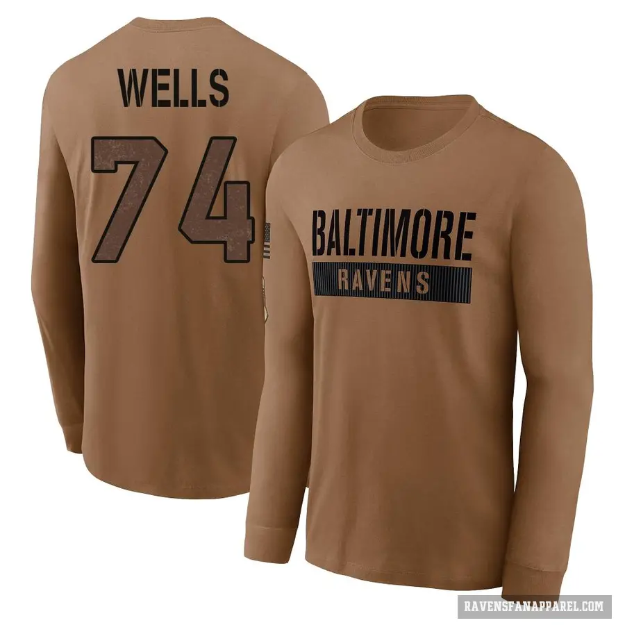 Youth ＃74 Josh Wells Baltimore Ravens Brown / 2023 Salute To Service Long Sleeve T-Shirt