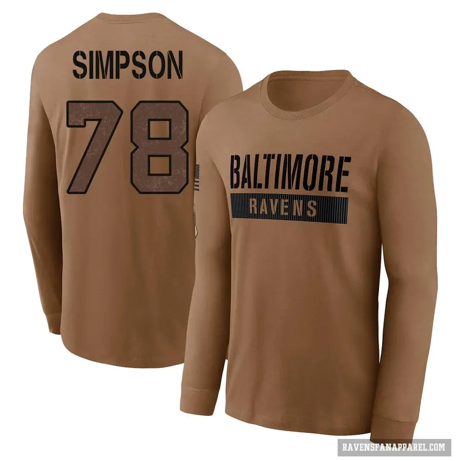 Youth ＃78 Darrell Simpson Baltimore Ravens Brown / 2023 Salute To Service Long Sleeve T-Shirt