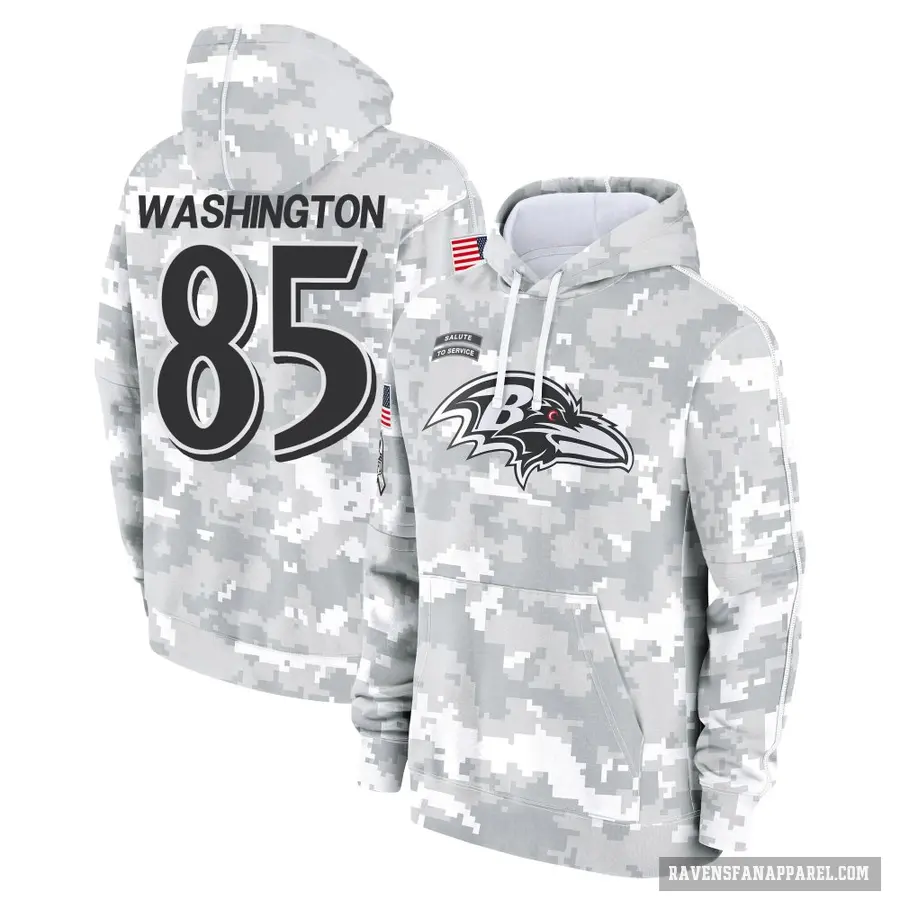 Youth ＃85 Scotty Washington Baltimore Ravens Arctic Camo 2024 Salute to Service Club Fleece Pullover Hoodie