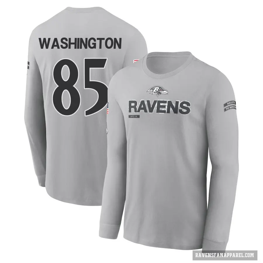 Youth ＃85 Scotty Washington Baltimore Ravens Gray 2024 Salute to Service Long Sleeve T-Shirt