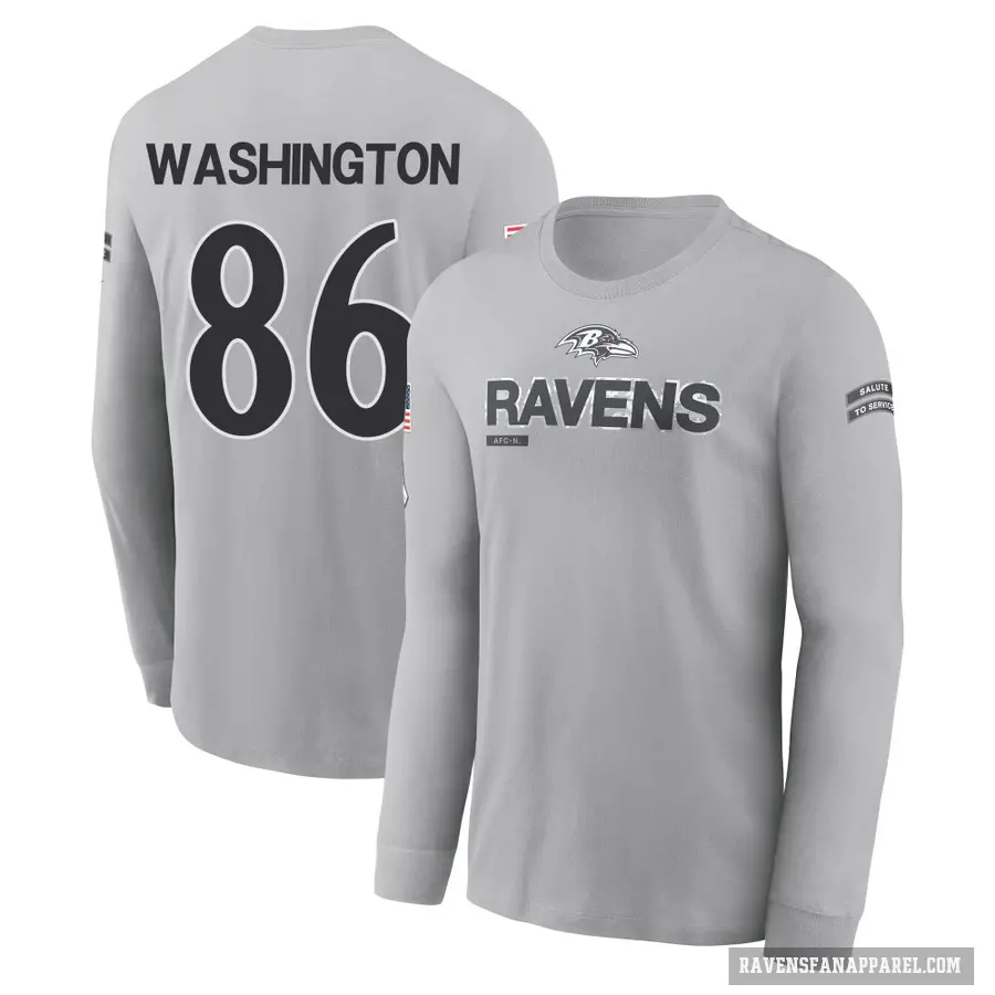 Youth ＃86 Isaiah Washington Baltimore Ravens Gray 2024 Salute to Service Long Sleeve T-Shirt