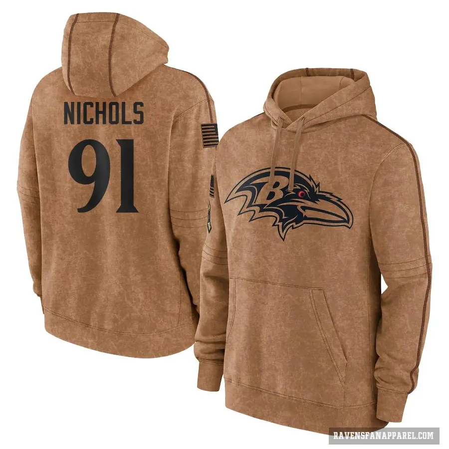 Youth ＃91 Rayshad Nichols Baltimore Ravens Brown 2023 Salute To Service Club Pullover Hoodie