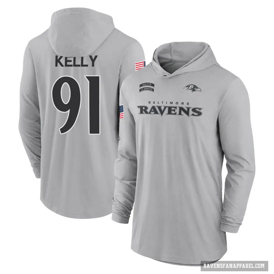 Youth ＃91 Xavier Kelly Baltimore Ravens Gray 2024 Salute to Service Lightweight Performance Long Sleeve Hooded T-Shirt