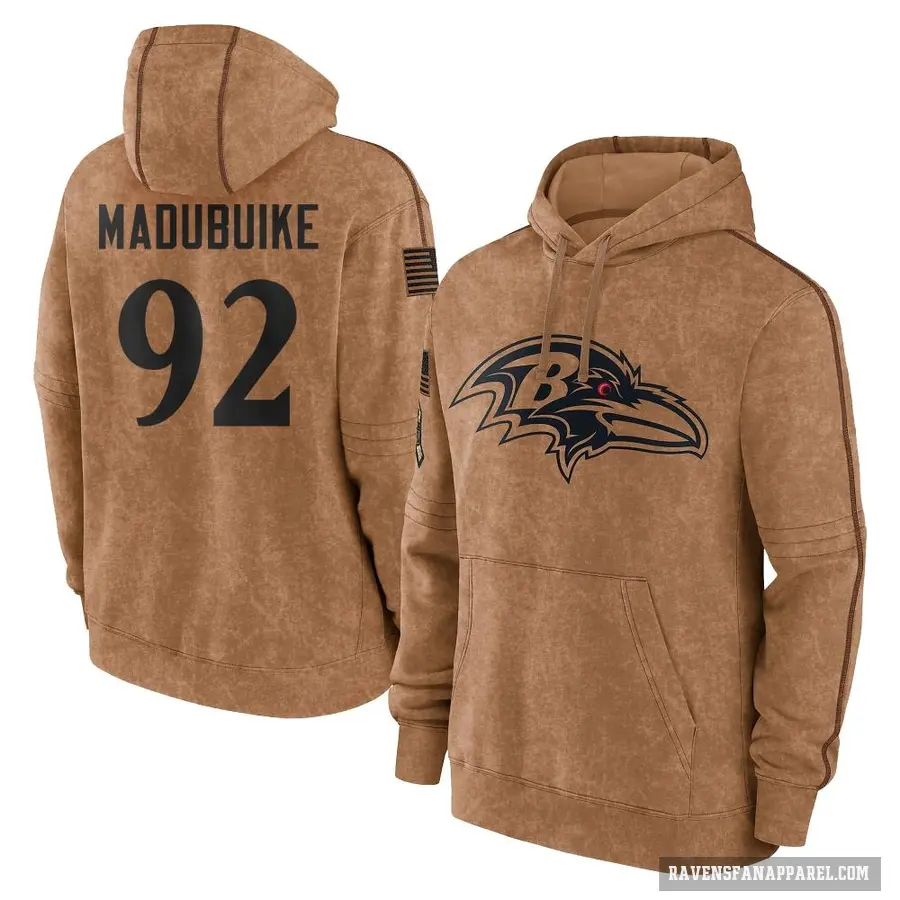 Youth ＃92 Nnamdi Madubuike Baltimore Ravens Brown 2023 Salute To Service Club Pullover Hoodie