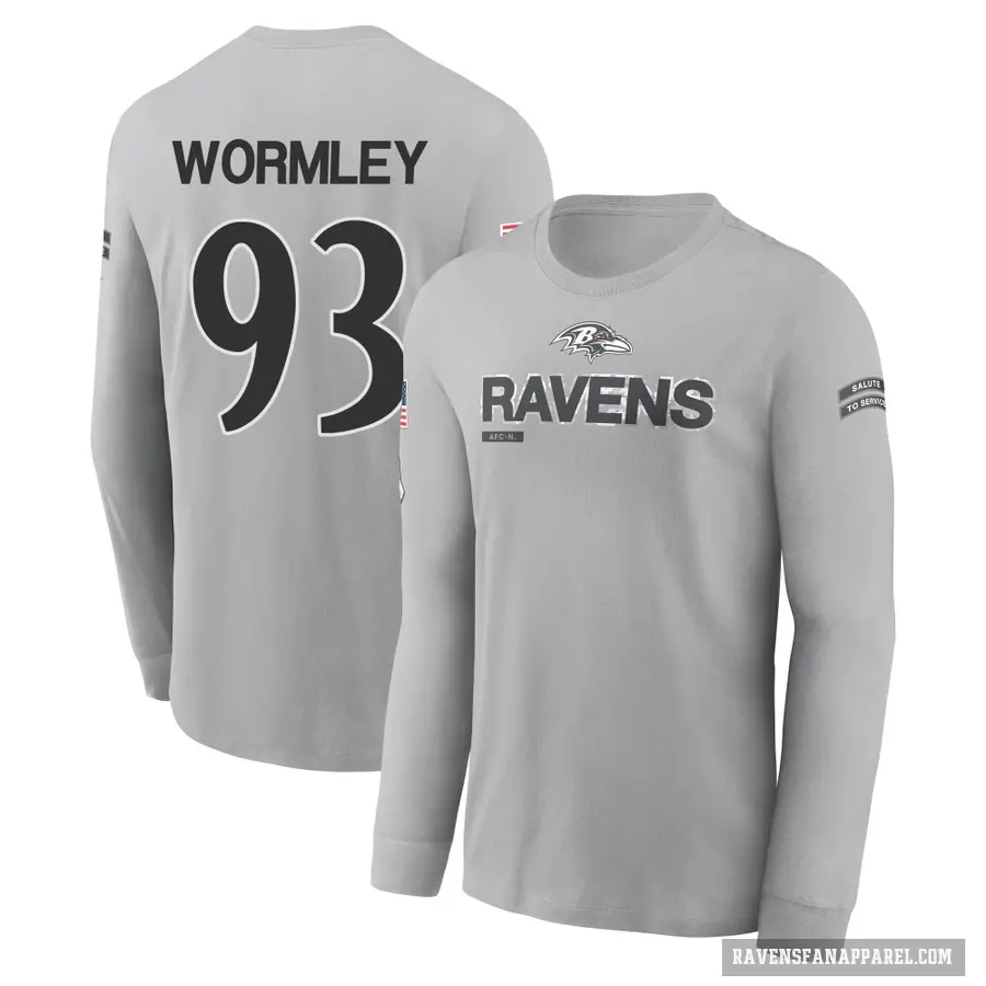 Youth ＃93 Chris Wormley Baltimore Ravens Gray 2024 Salute to Service Long Sleeve T-Shirt