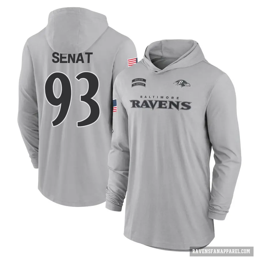 Youth ＃93 Deadrin Senat Baltimore Ravens Gray 2024 Salute to Service Lightweight Performance Long Sleeve Hooded T-Shirt